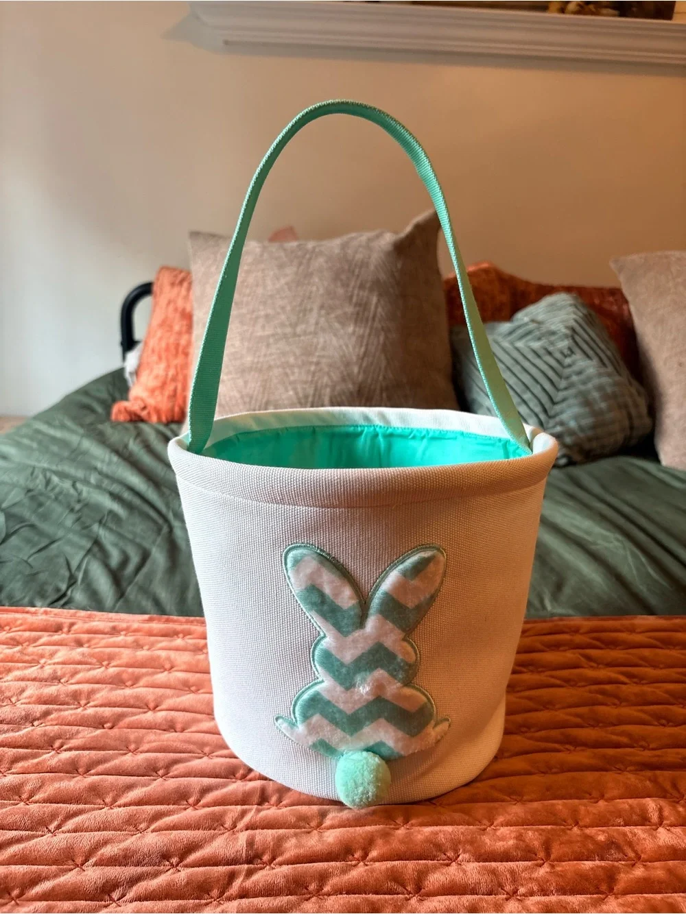 Unbranded Cream Canvas Bunny Basket with Mint Green Interior